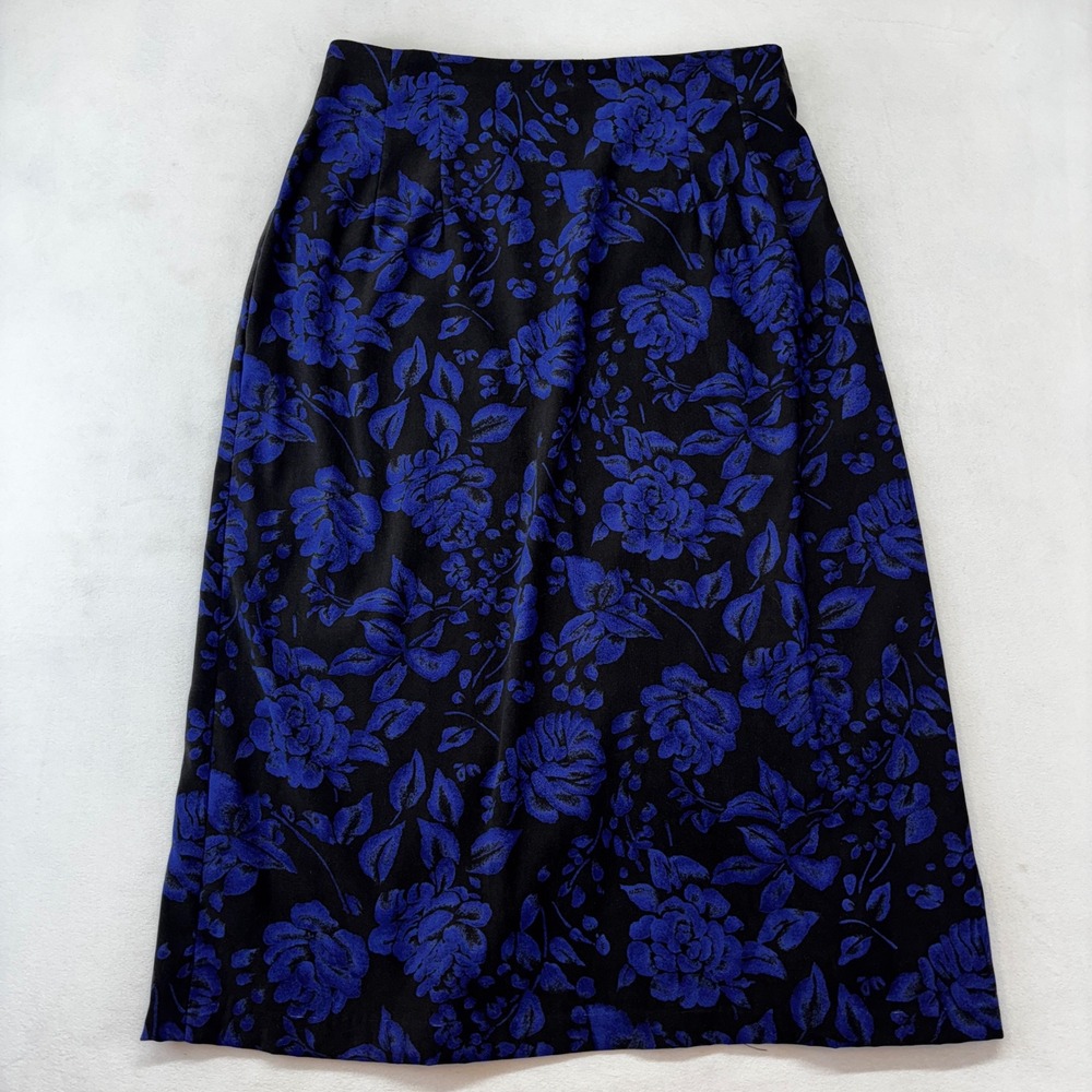 Briggs Floral Midi Skirt Womens 12 Black Blue Rose Print‎ High Waist Made in USA